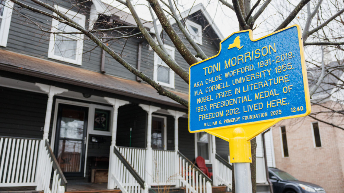 A historical marker for Toni Morrison, M.A. ’55, was unveiled at 513 N. Albany St in Ithaca, where she lived during her first year at Cornell.