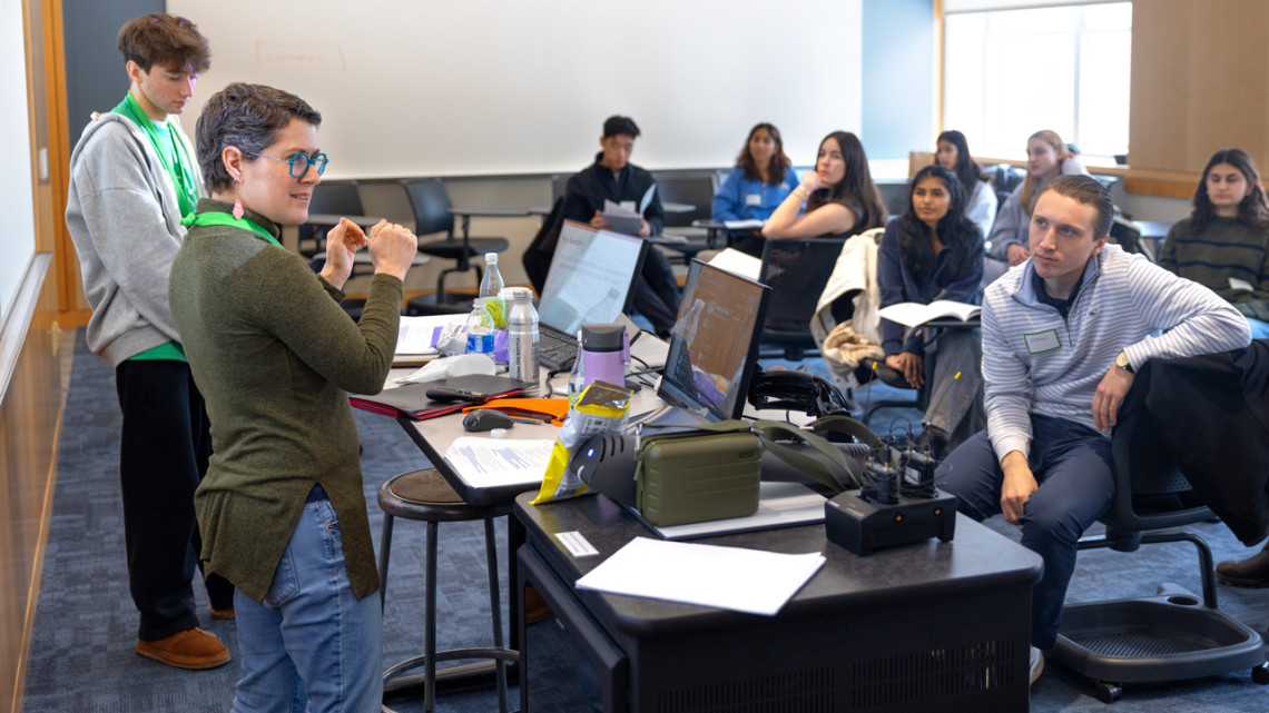 Hadas Kress-Gazit, the Geoffrey S.M. Hedrick Senior Professor in the Sibley School of Mechanical and Aerospace Engineering, part of the Cornell David A. Duffield College of Engineering, leads students through a breakout discussion during the new course Pathways to Purpose – Civic Leadership in Law, Health, Tech and Business.