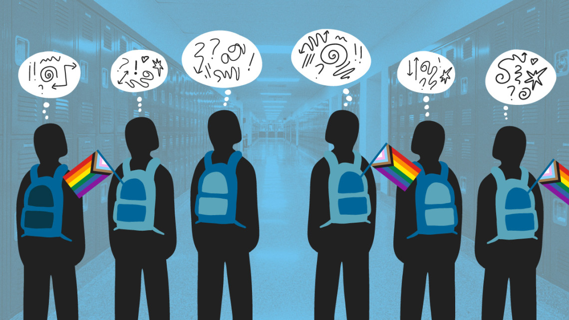 Illustration of teens wearing backpacks with pride flags sticking out of them