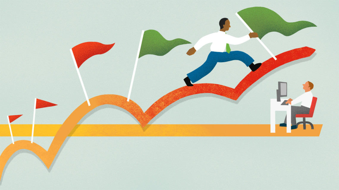 Illustration of a man climbing up corporate ladder