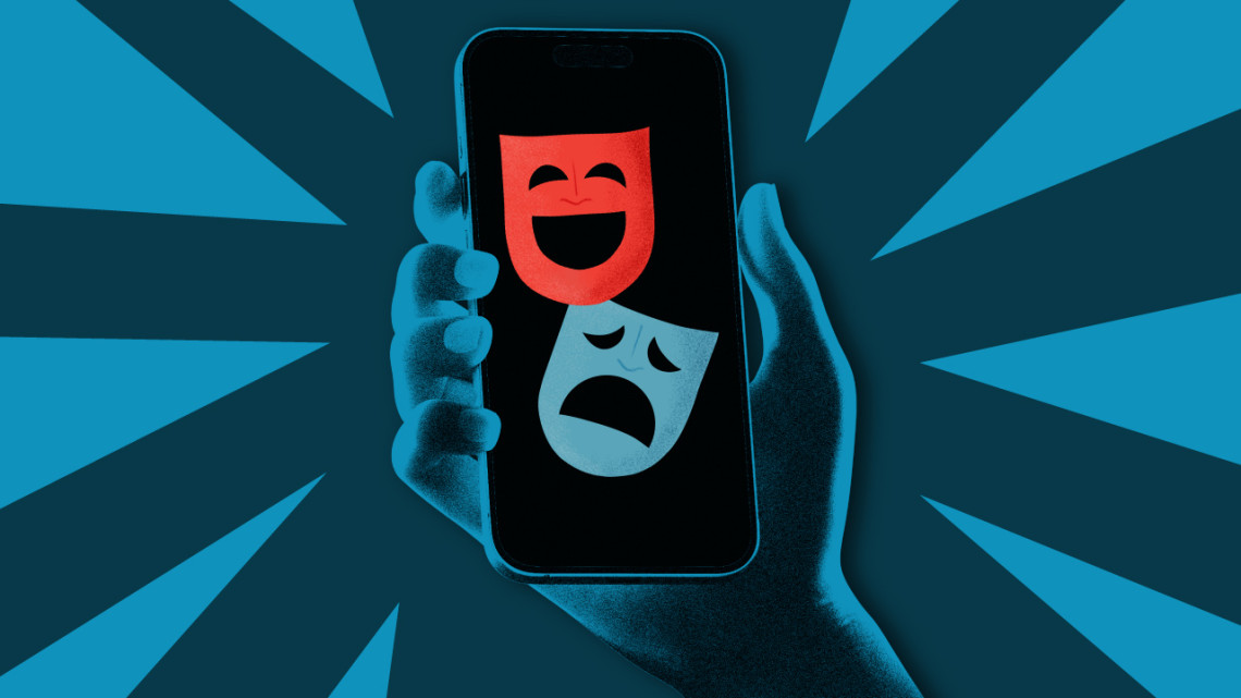 Illustration of a hand holding a iPhone with happy and sad faces on the screen