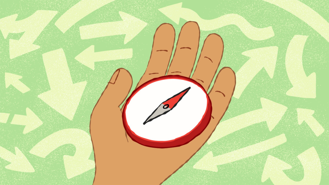 Illustration of hand holding compass