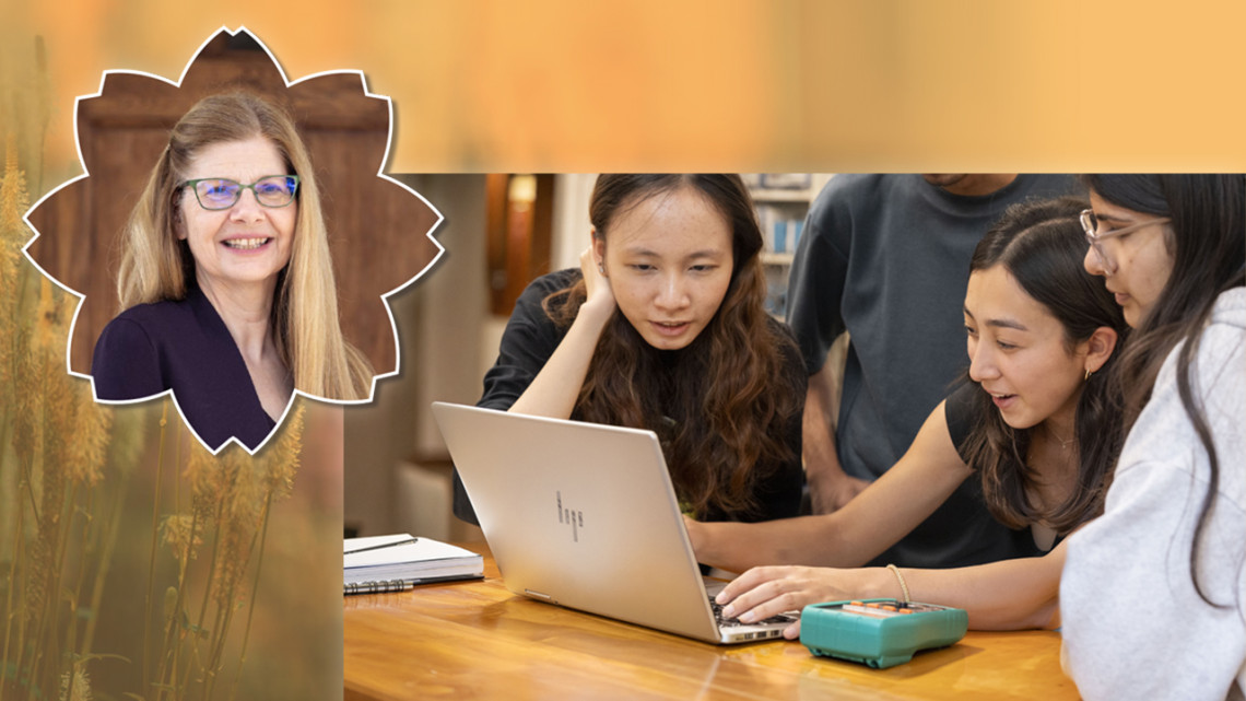 Headshot of speaker Susan Singer (woman with long blond hair and blue glasses), next to image of three engaged female students working collaboratively around a laptop.