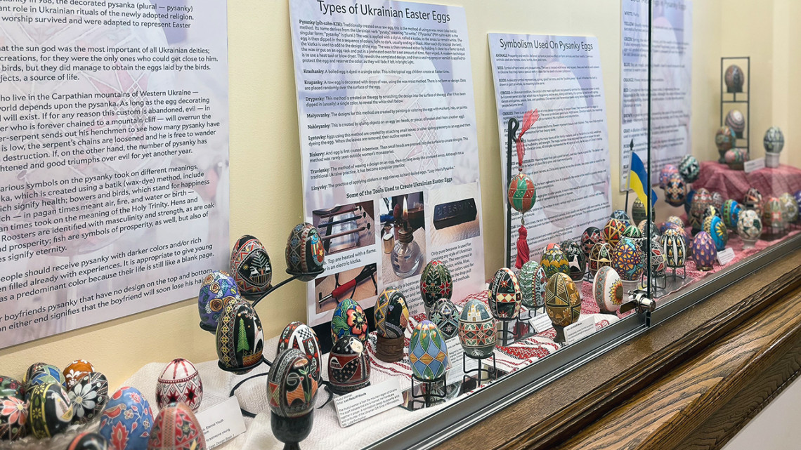 An exhibit of Ukrainian Easter eggs on display in Goldwin Smith Hall.