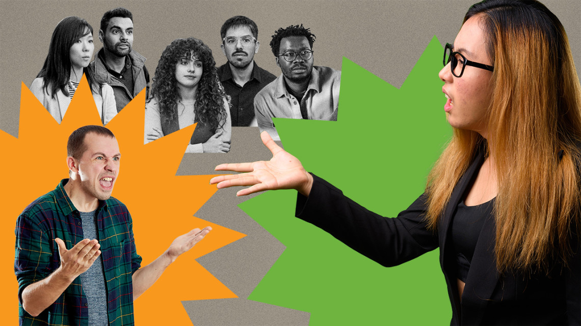 Illustration with people yelling at each other while another group of people watch them