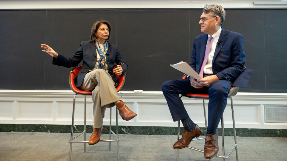 Laura Chinchilla, left, former president of Costa Rica, speaks with moderator and Cornell trustee Hernan Saenz III, MBA/MILR ’98, in a discussion of the role of democracy in a changing world.
