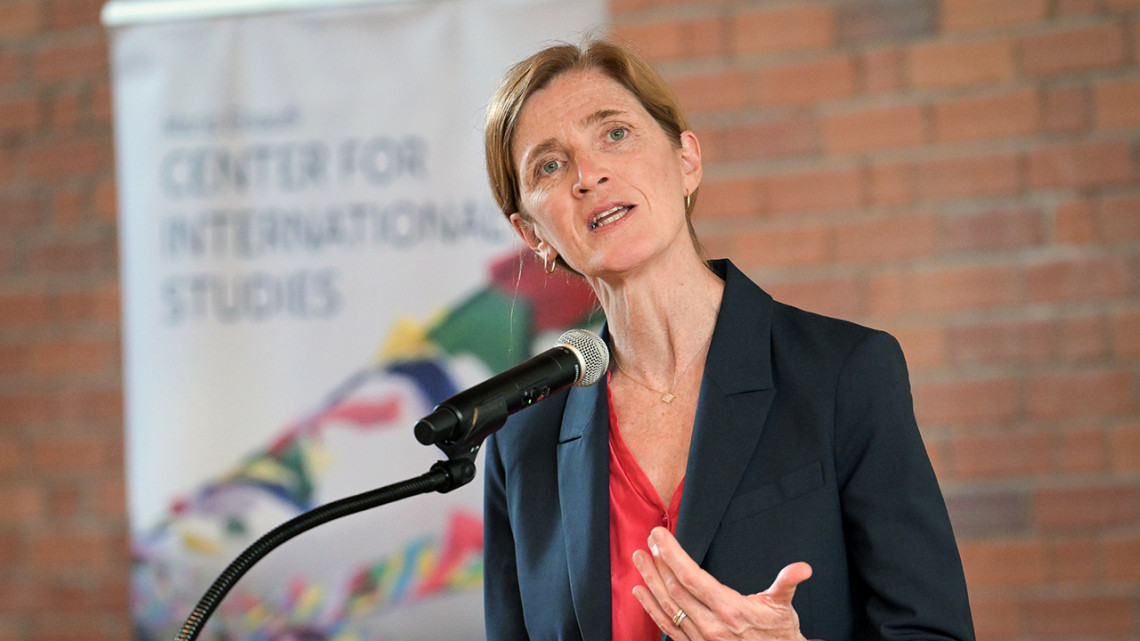 Former USAID administrator Samantha Power gave this year’s Bartels World Affairs Lecture on April 16 in Schwartz Auditorium.