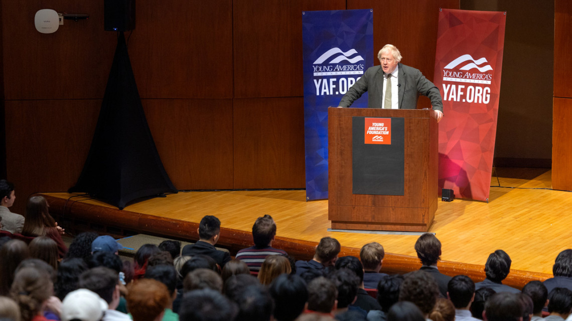 Former British Prime Minister Boris Johnson speaks to an audience gathered April 27 in Call Auditorium.