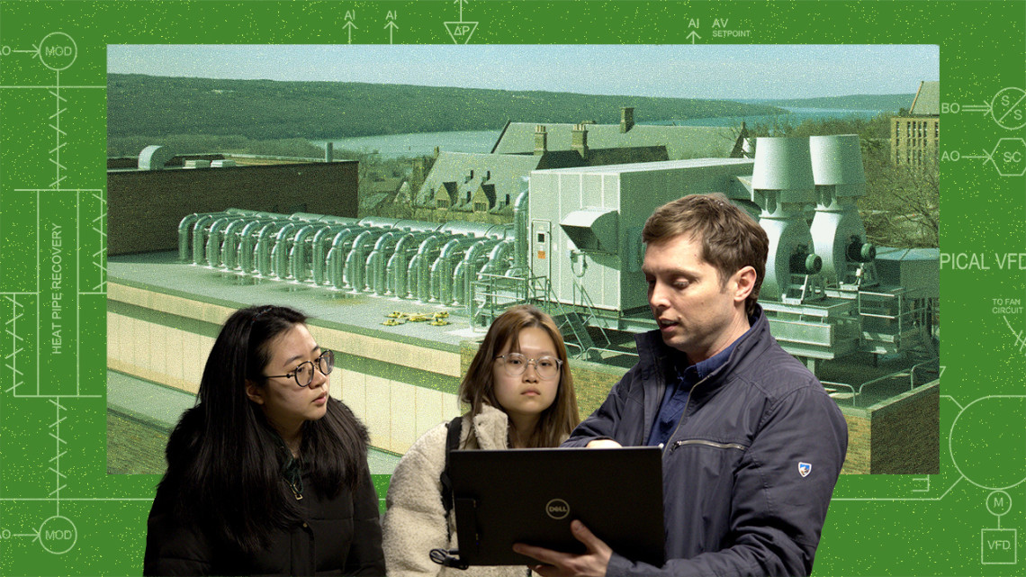 Photo collage of two students talking with a building administrator over the background of the photo of a top of the building with a schematic for a building serving as a backdrop
