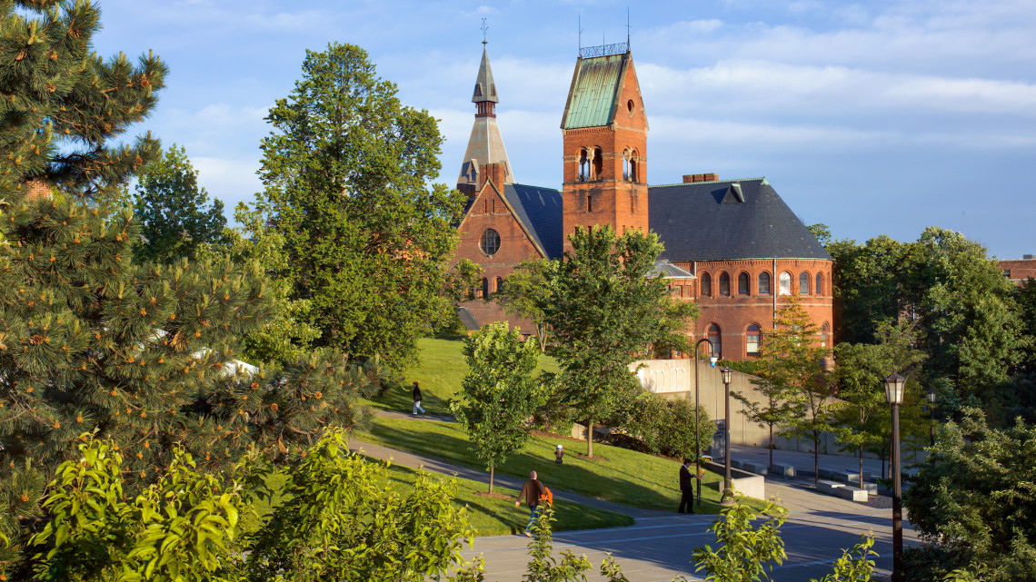 Photo of Barnes Hall in the background and Ho Plaza in the foreground