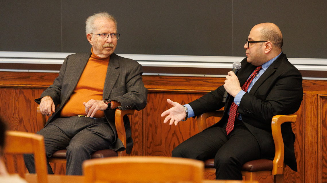 At right, Mohamed ‘Arafa, adjunct professor of law, talks with Menachem Z. Rosensaft, adjunct professor of law, about “The Urgency of Jewish-Muslim Dialogue” April 14 in Myron Taylor Hall at Cornell Law School.