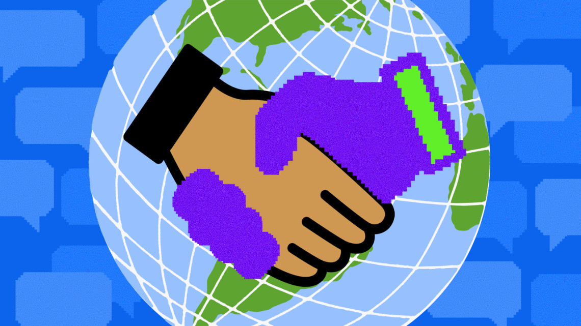 Illustration of a hand shaking a digital hand superimposed on top of the Earth
