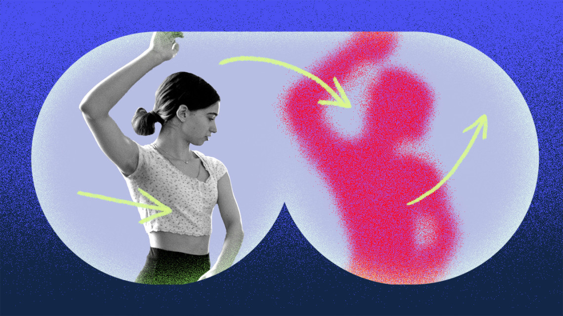 Illustration of a woman dancing and her reflection is shown inside the view of VR glasses