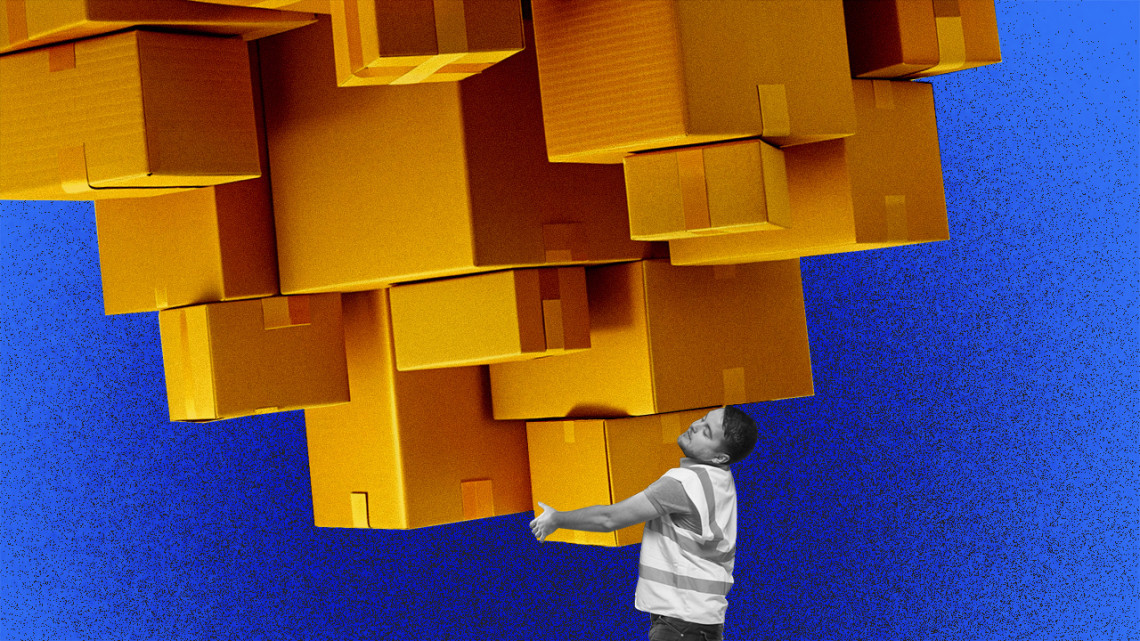 Illustration of a man carrying an upside down pyramid set of boxes