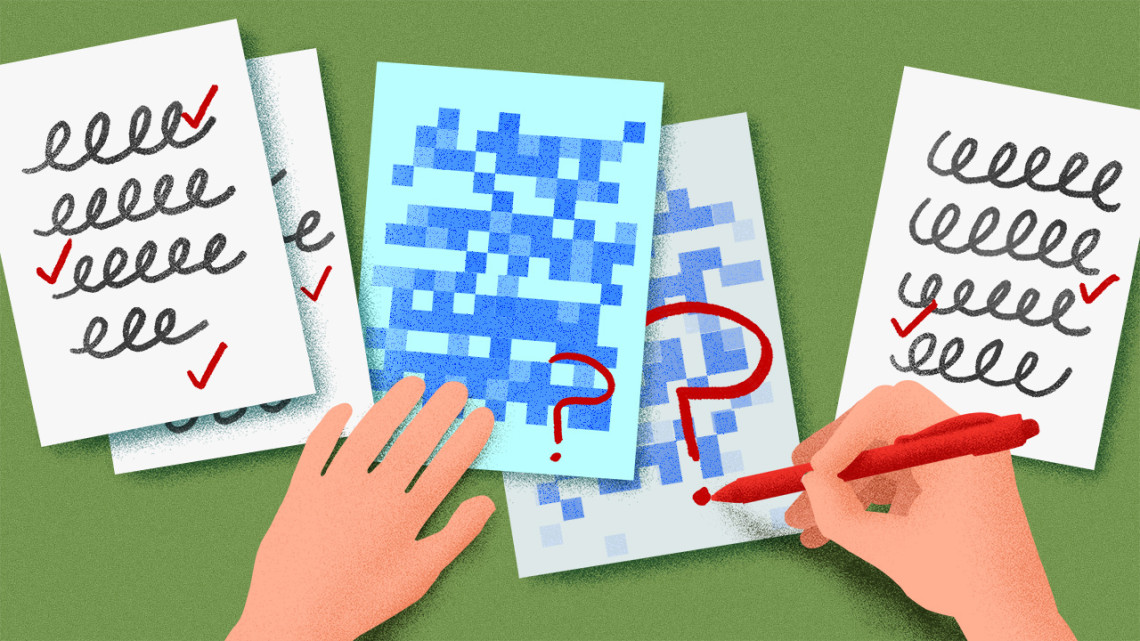 Illustration of college exams being graded with red pen