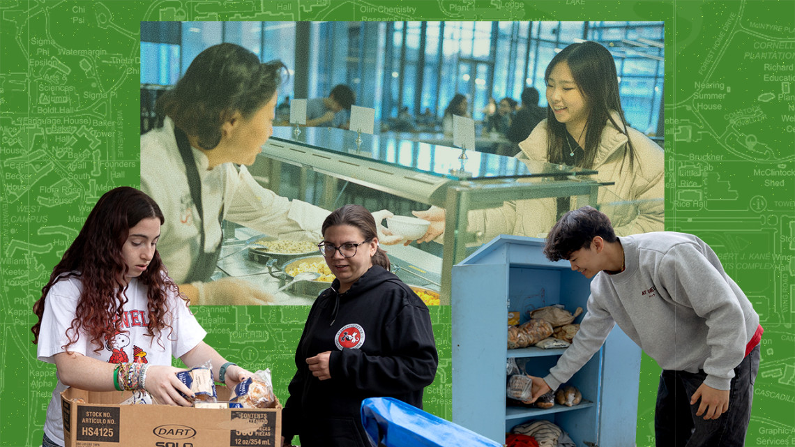 Illustration of schematic in background with photos of people helping at food pantry in foreground