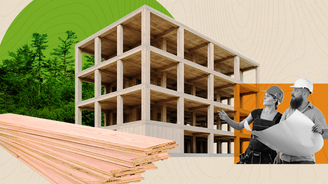 Illustration showing a wooded background with lumber and building in the foreground with a picture of two construction workers looking at the building