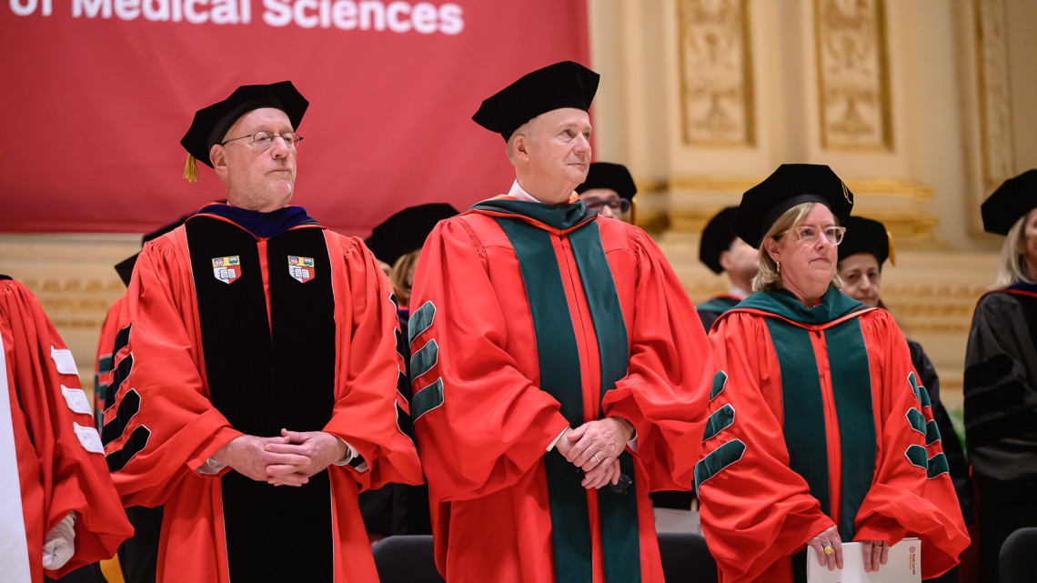 Cornell President Michael I. Kotlikoff at Weill Cornell Graduate School of Medical Sciences' Commencement with Weill Cornell Medicine Dean Robert A. Harrington and graduate school Dean Barbara Hempstead