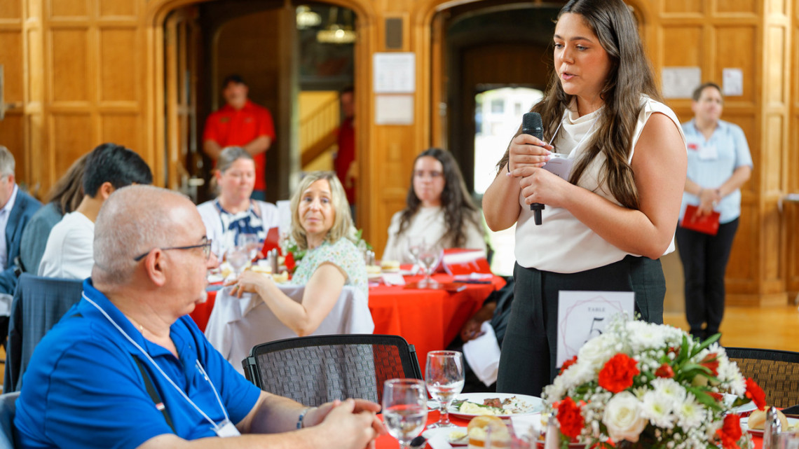 Carolina Aguilera-Garza ’26 honors her high school debate teacher, Paul Gaba, at the 38th annual Merrill Presidential Scholars reception at Willard Straight Hall on May 19.