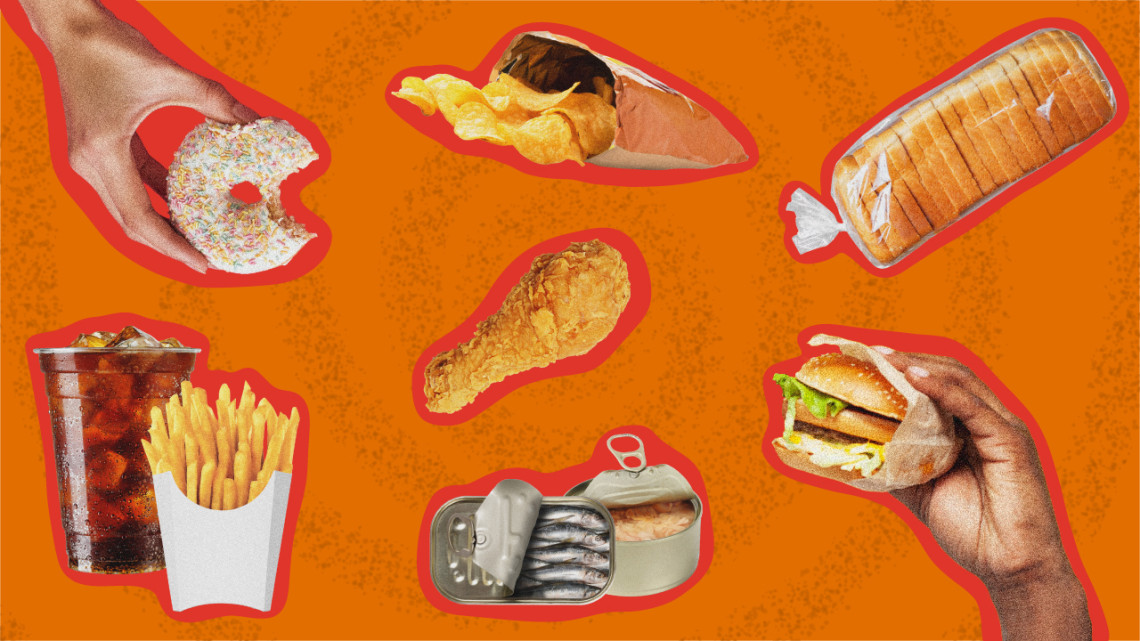 Illustration featuring processed foods, including white bread, fried chicken, burgers, tuna, donuts and potato chips