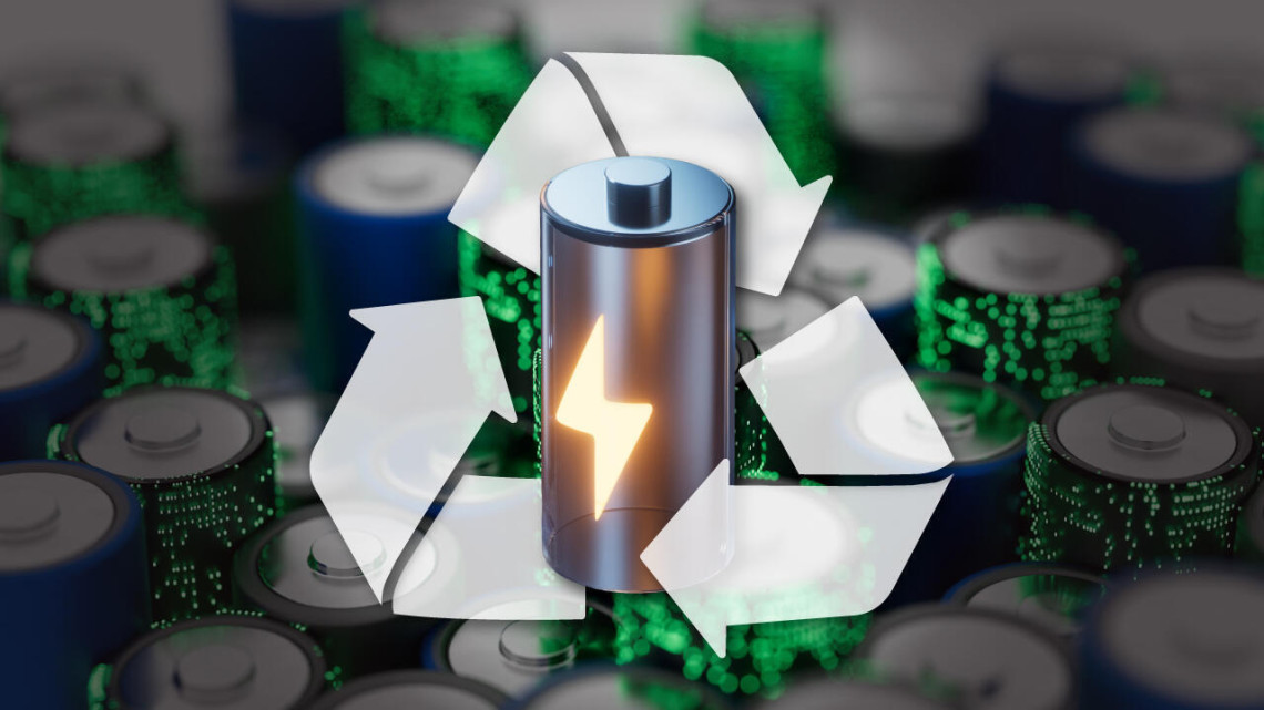 Illustration of a lithium-ion battery surrounded by a recycling symbol