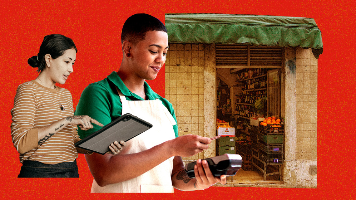 Illustration of two clerks processing credit card payments on devices