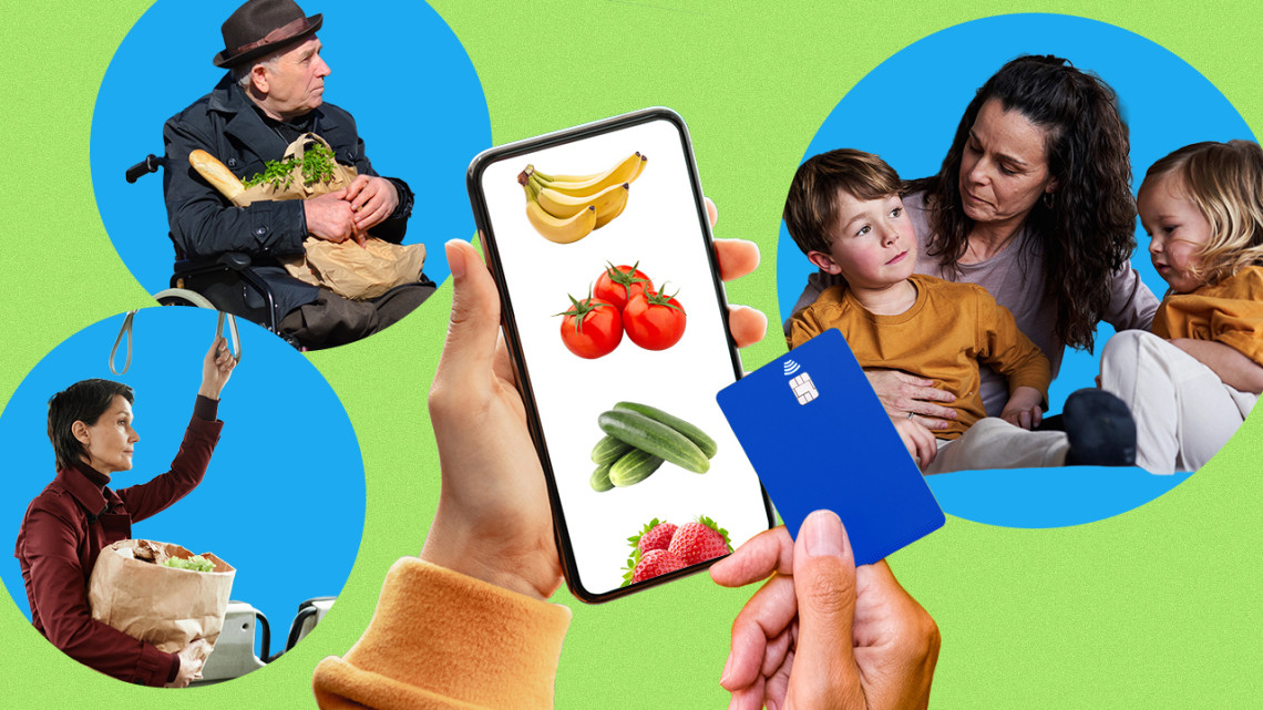Illustration of different people purchasing produce on a mobile phone