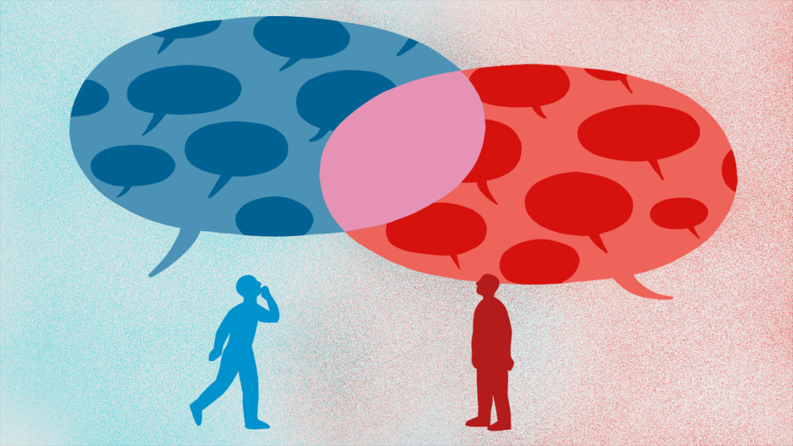 Illustration of two people with overlapping speech bubbles