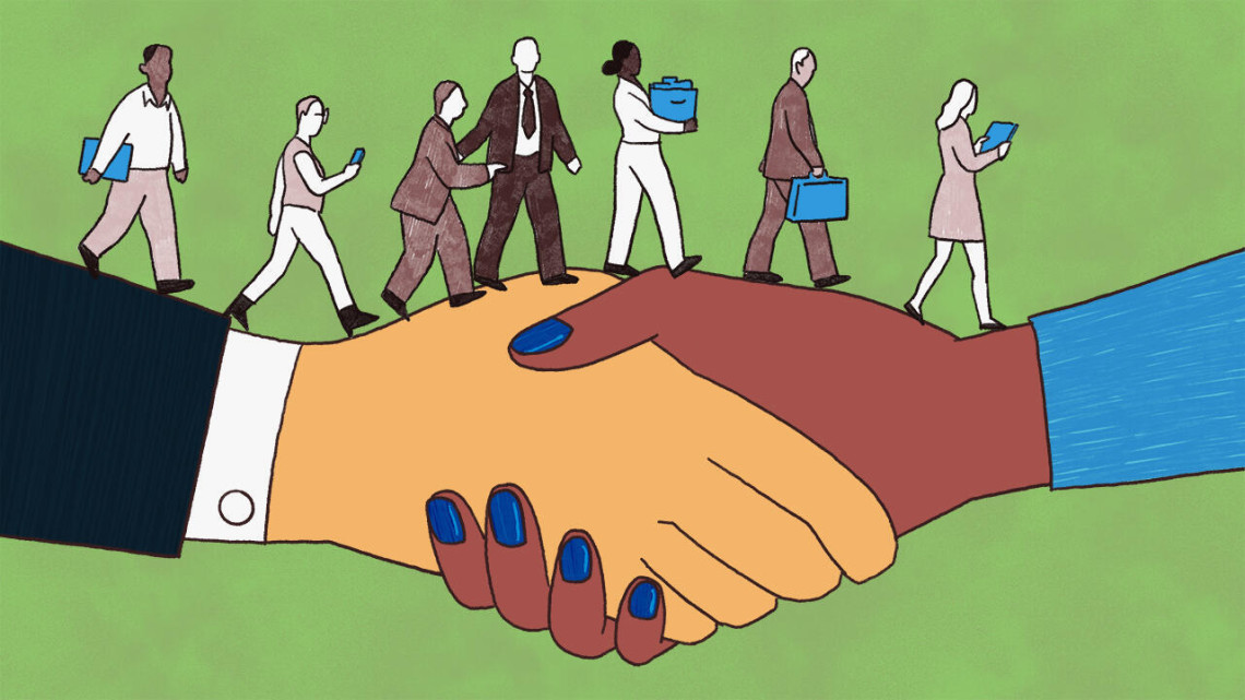 Illustration of two hands, one a white man and one a black woman, shaking and forming a bridge that others can walk over