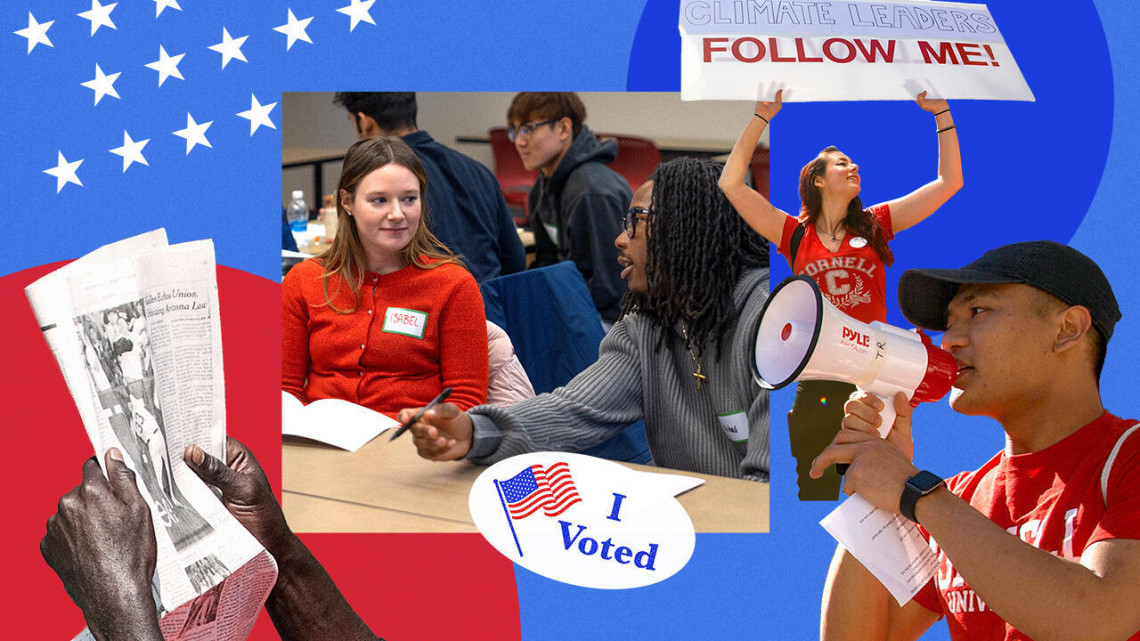 Illustration of people discussing and reading about democracy with a photo of someone reading a paper; two people talking; a woman holding a Follow Me! sign and a man speaking through a bullhorn