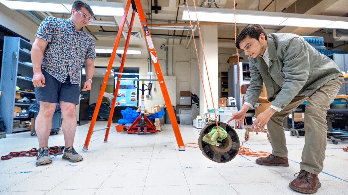 Warrior-Scholar Project students Baird Bankovic and Abel Rodriguez prepare for presentations in the Space Sciences Building.