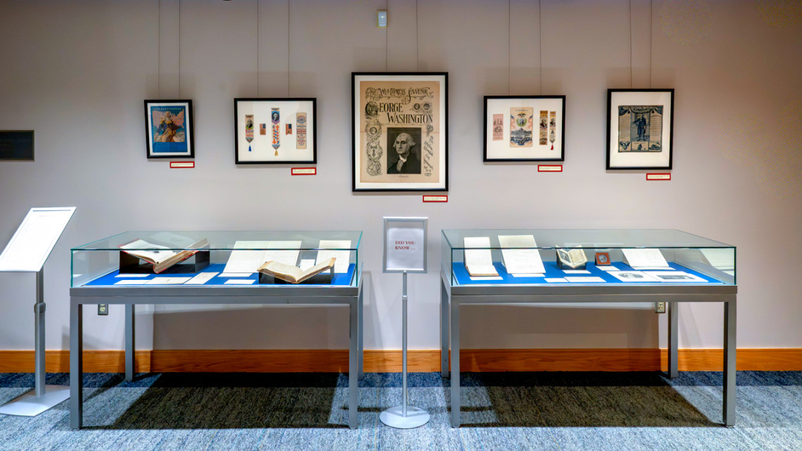 The exhibit “America at 250: Focus on George Washington” is in the rotunda of Kroch Library until January 2027.