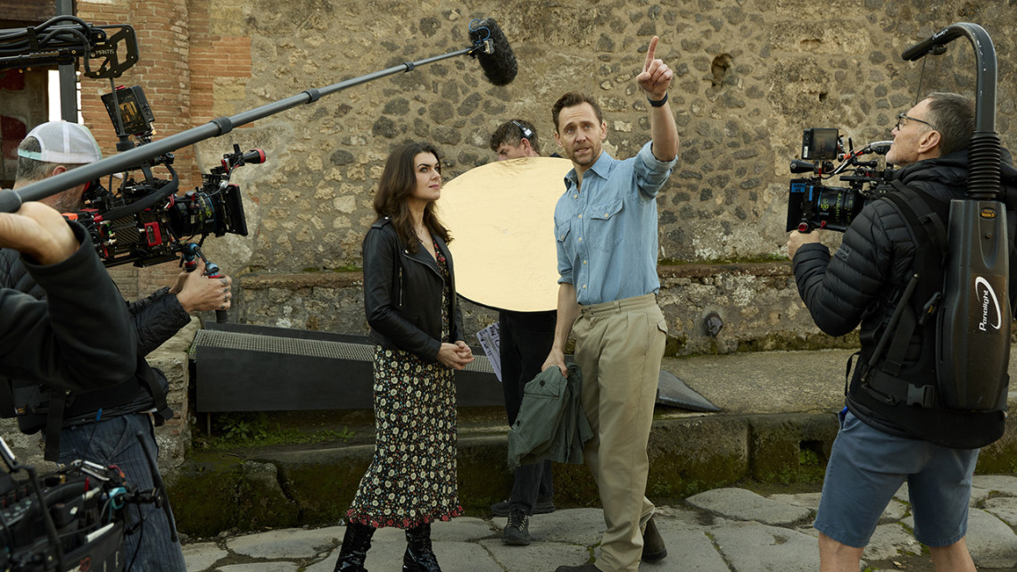 Cornell archaeologist Caitie Barrett (left) is a guide to daily lives in the ancient Roman world on Pompeii: Out of Time, a three-episode recreation of the famous disaster set to air on National Geographic with host, actor Tom Hiddleston (right).