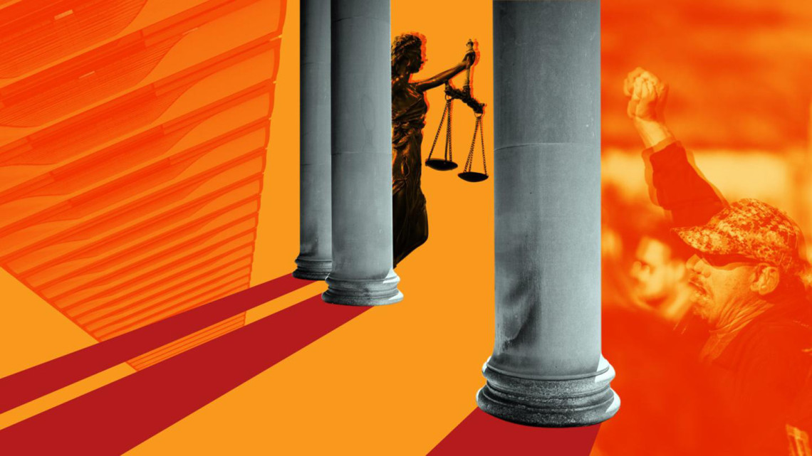 illustration with scales of justice, protestors and pillars