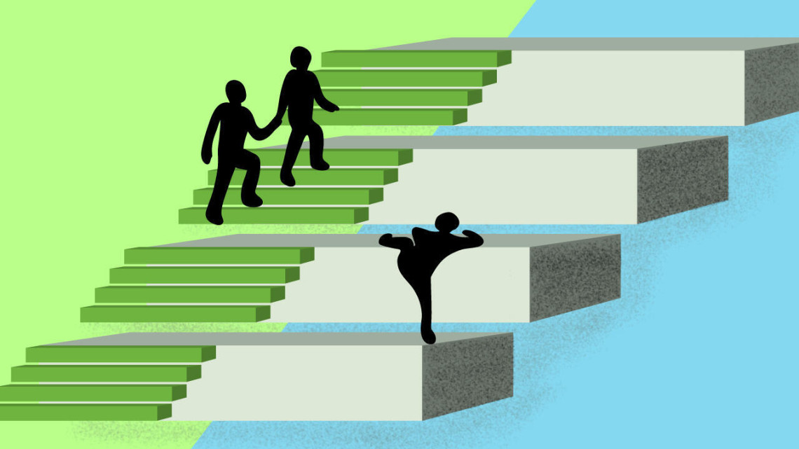 Illustration of two people walking up green stairs had in hand while another person next to them struggles to climb taller steps
