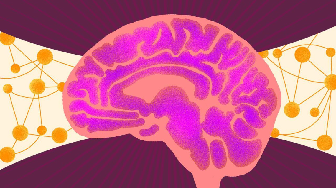 Illustration of a brain in the color of pink surrounded by molecules