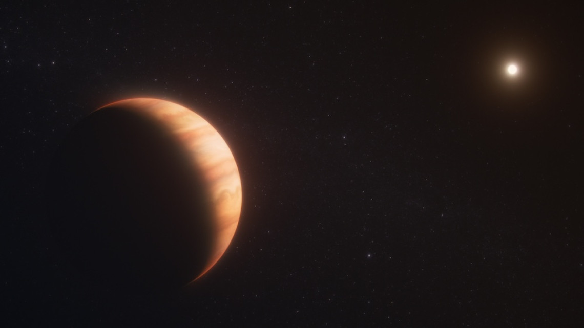 Two objects in space: a reddist planet and a faintly glowing white dwarf star