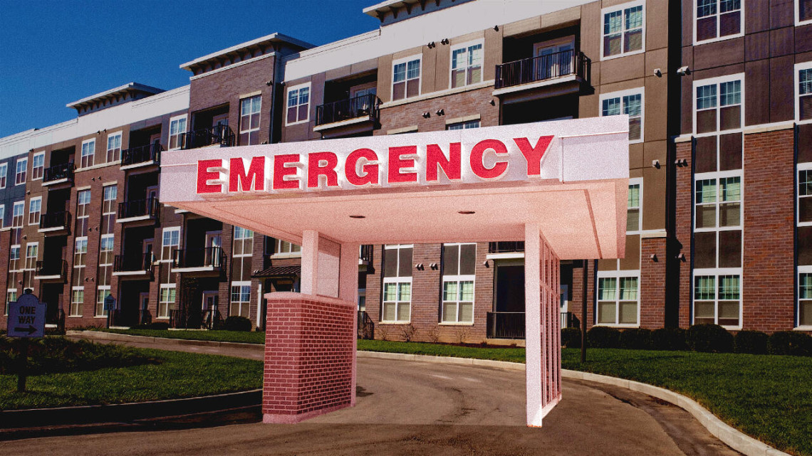 Illustration of an Emergency sign in front of an apartment building