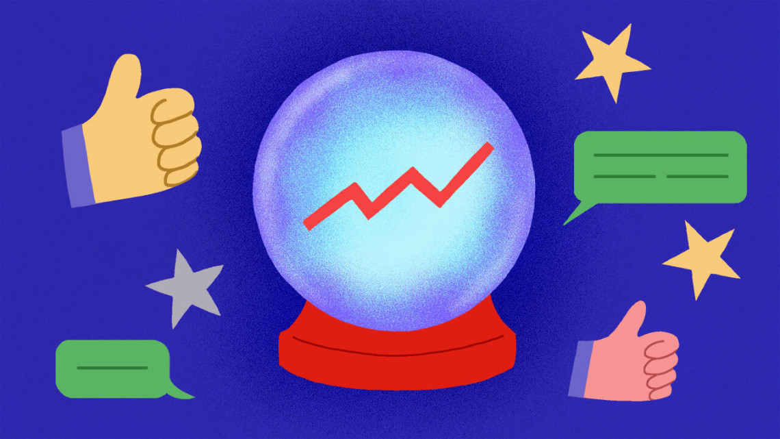 Illustration of a magic crystal ball surrounded by stars, hatboxes and thumbs up emojis