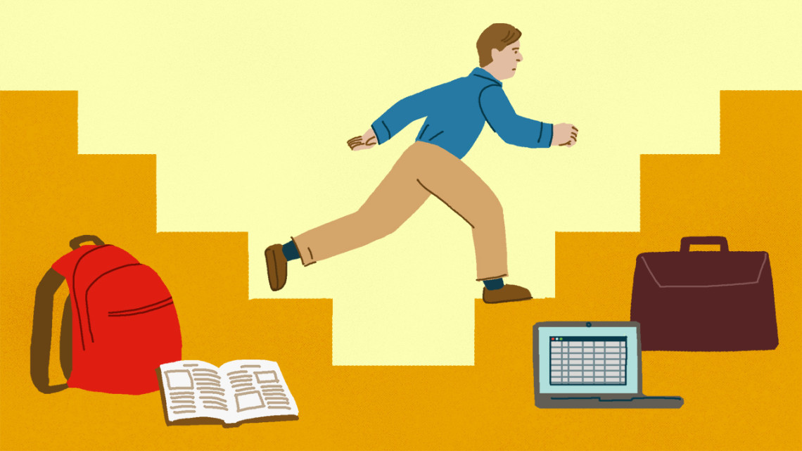 Illustration of job applicant climbing stairs