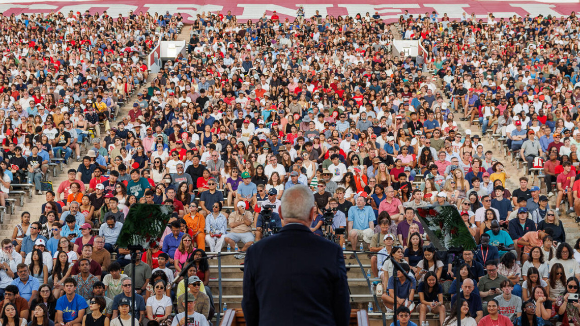 Cornell President Michael I. Kotlikoff addresses the nearly 4,300 first-year and transfer students who, with their families, gathered Aug. 18 at Schoellkopf Field for New Student Convocation.