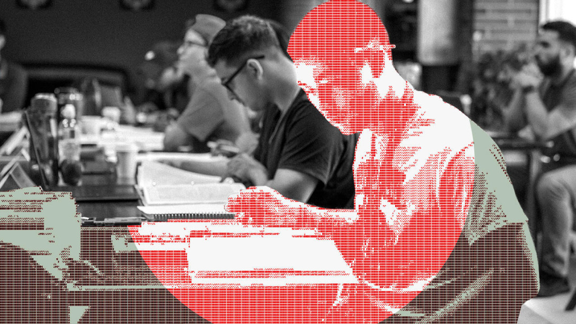 Illustration of a pixelated student working in a classroom while other students look on
