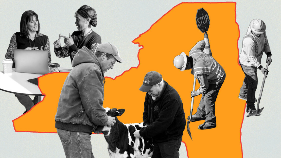 Illustration of NYS in the background with photos of people working in the foreground