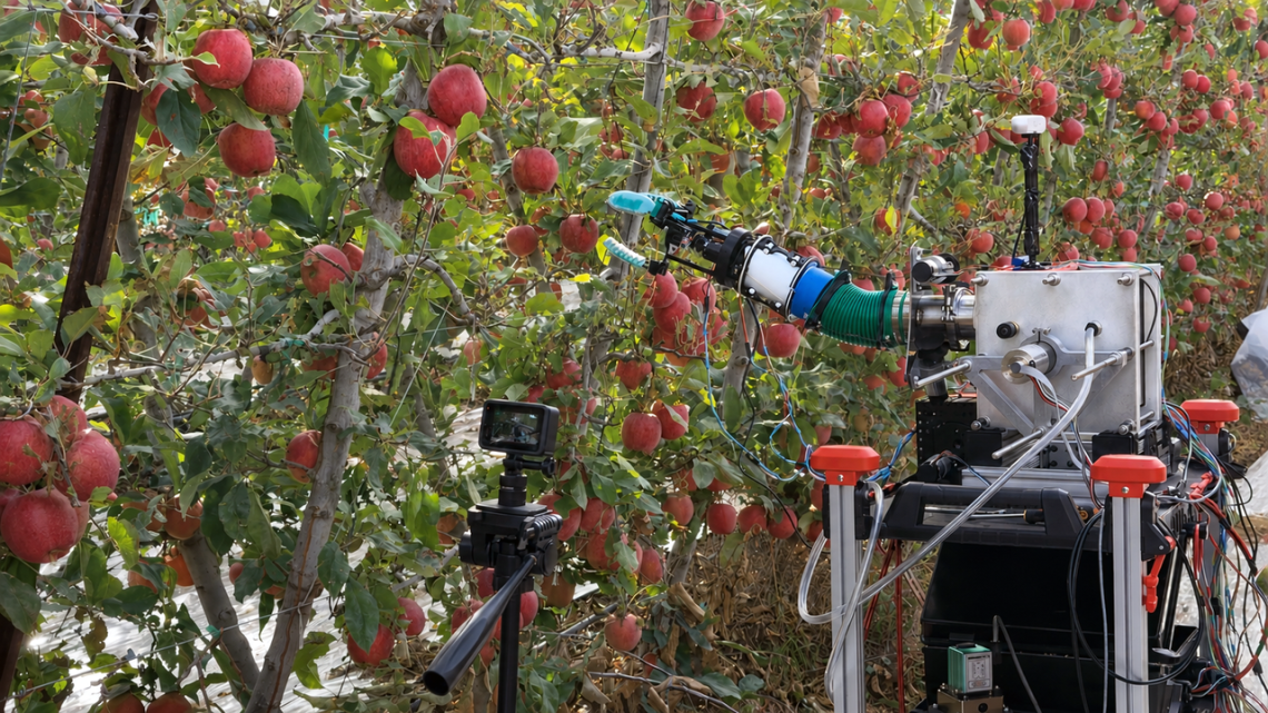 Prototype robot harvesting apples in fall 2025. Experimental models are used to fine-tune the engineering and to train the artificial intelligence that undergirds the robots.