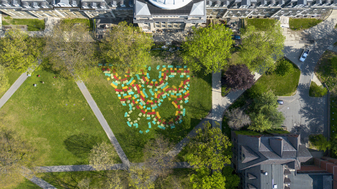 Campus building with painted lawn art at front.