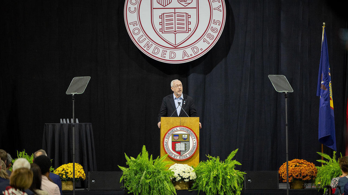 Cornell President Michael I. Kotlikoff delivers his 2026 State of the University address Oct. 15 in Meinig Fieldhouse.