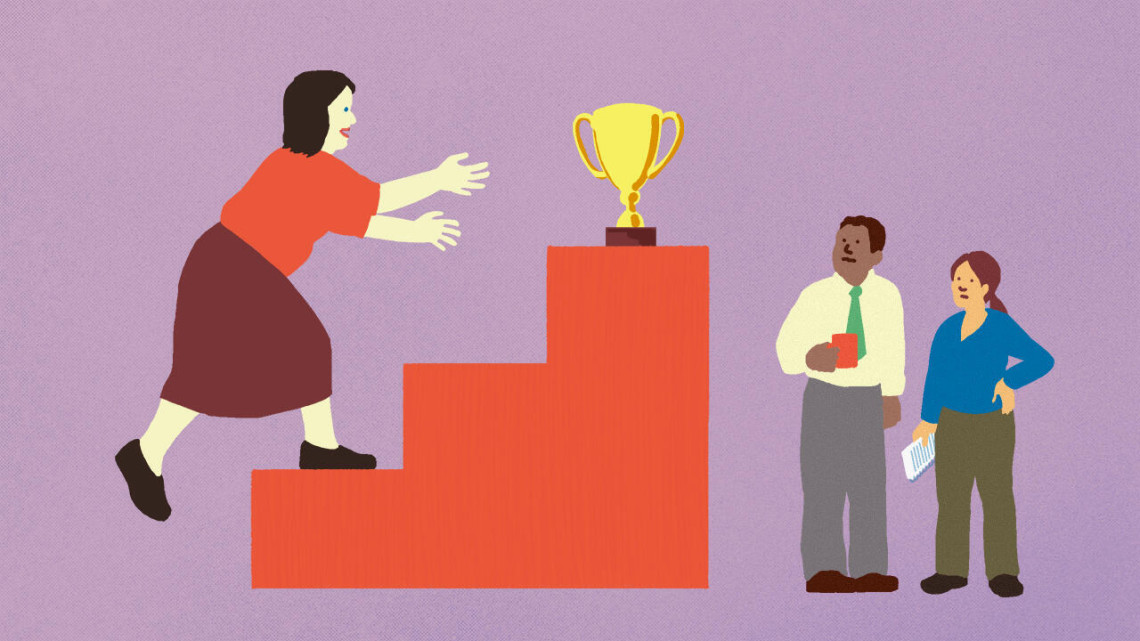 Illustration of women stepping on a medal stand to reach for a trophy on the highest perch while two co-workers look on puzzled