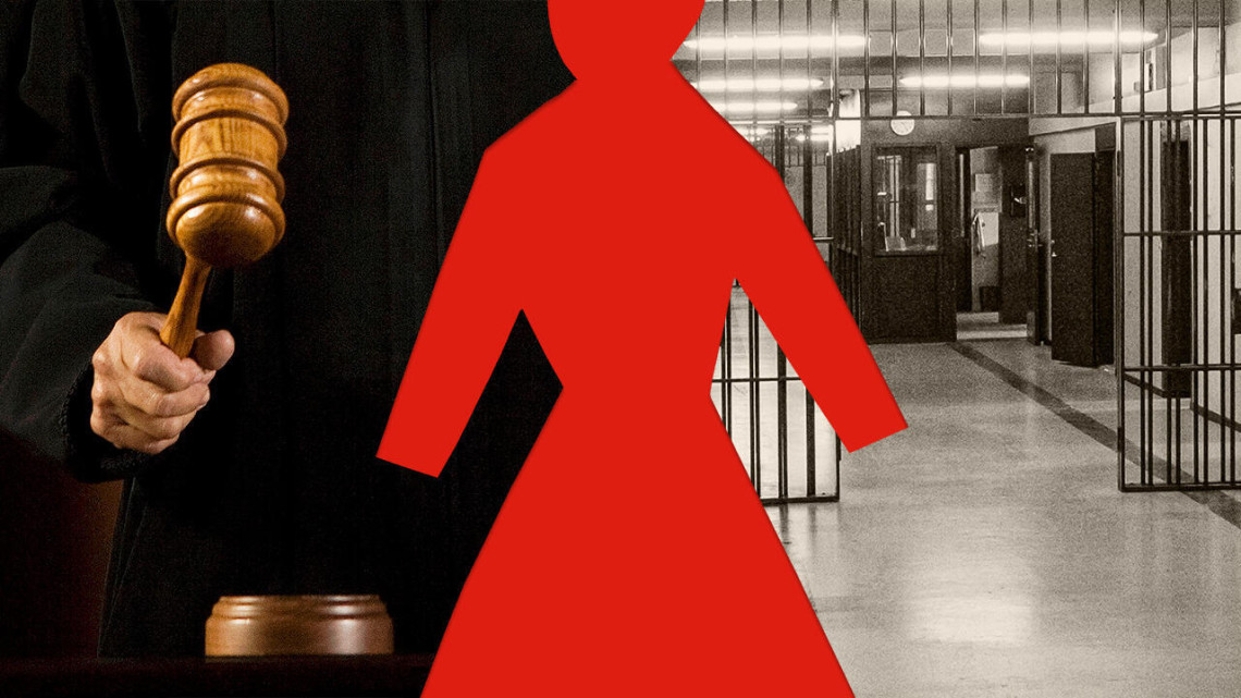 Illustration of a judge using his gavel on the left side and a photo of jail cells on the right side with the cutout of a woman separating the two photos