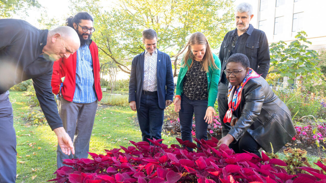 Members of the Center for Research on Programmable Plant Systems meet in Minns Graden. From left: John Reid, Arjun Khakhar, Abe Stroock, Margaret Frank, Jesse Woodson, and Marceline Egnin.