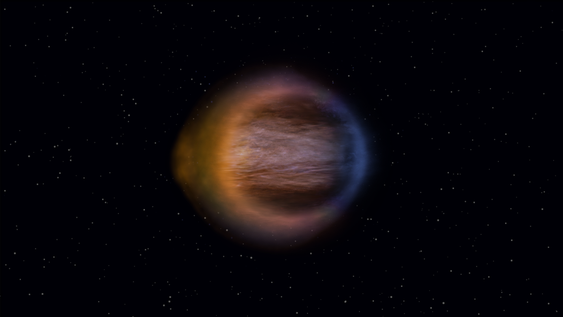 The shape of WASP-17b’s atmosphere mapped using transmission strings. The planet has a broad banded jet around the equator with vast wind speeds which transport material and heat from the permanently irradiated dayside to the permanently shadowed nightside.